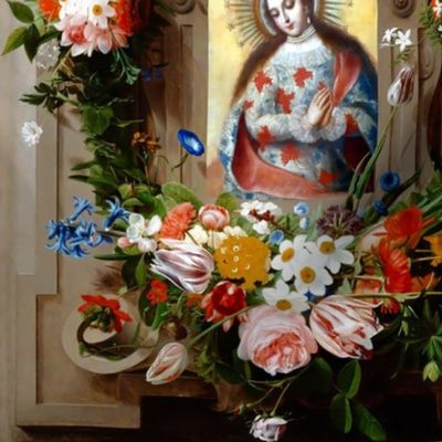 25 garland wreath altar praying Virgin Mary Christianity Catholic religious mother Madonna crown floral flowers frame gown dress roses tulips bows swag ribbon halo flowers long hair embroidery beautiful lady woman Victorian 17th century 18th century Victo