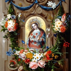 25 garland wreath altar praying Virgin Mary Christianity Catholic religious mother Madonna crown floral flowers frame gown dress roses tulips bows swag ribbon halo flowers long hair embroidery beautiful lady woman Victorian 17th century 18th century Victo