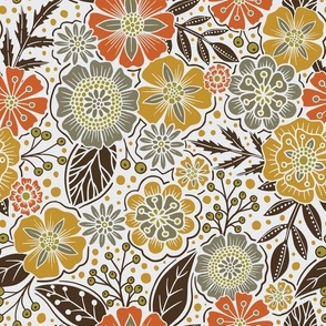 Retro 1970s Floral in Gold, Orange, Olive & Brown