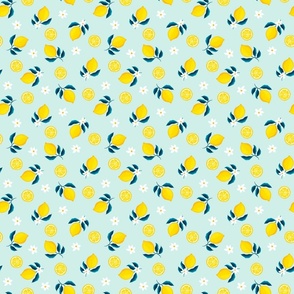 lemons and flowers on a blue background.Mini