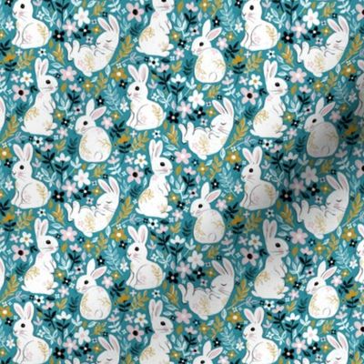 White Chalk Bunny Floral on Teal - tiny