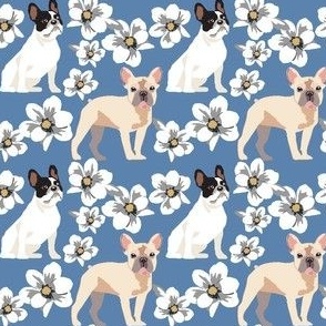 French Bulldog small print Magnolia Flowers Blue Denim Cute  Dog Fabric
