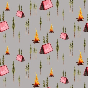 Red Tent Camping, Pine Trees and Campfire Grey