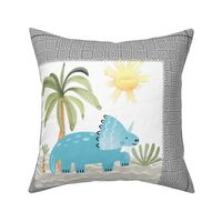 18” Dinosaur Pillow Front with dotted cutting lines, Nursery Bedding // Painted Dinosaurs collection (pillow A w/ Coordinate Pattern 12 greystone border)