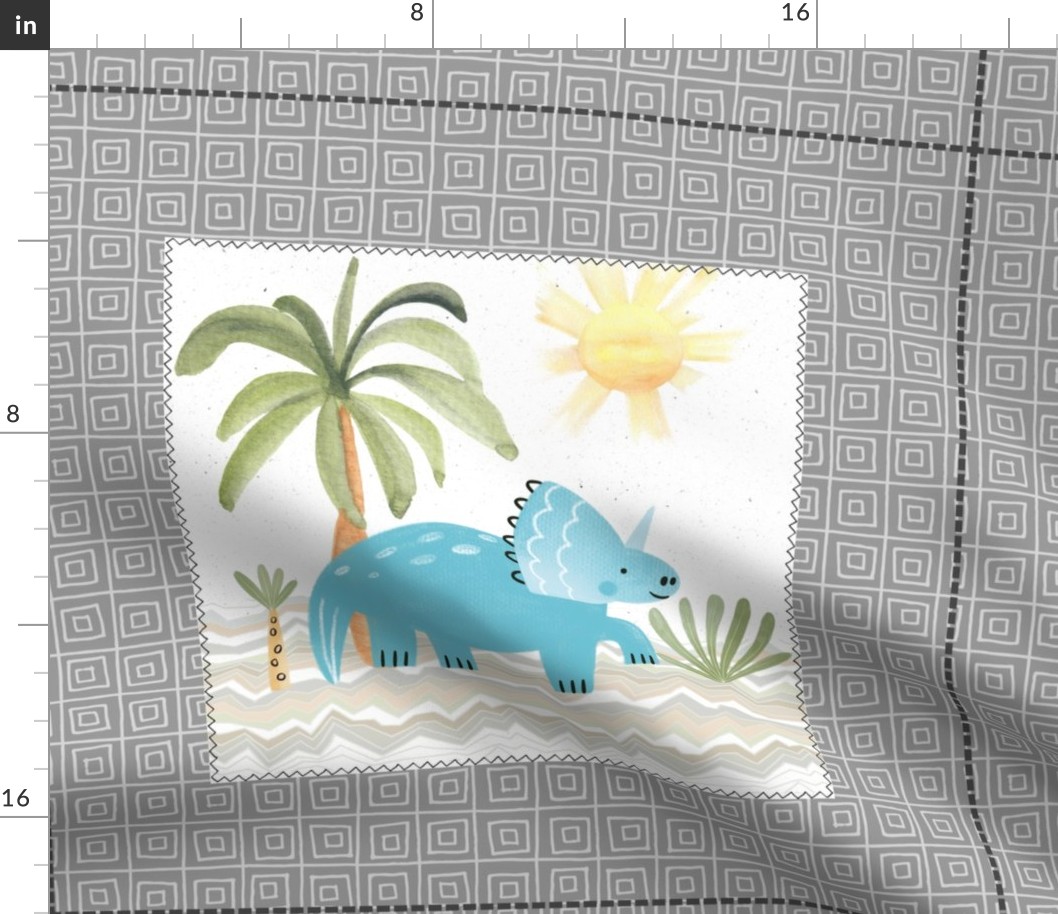 18” Dinosaur Pillow Front with dotted cutting lines, Nursery Bedding // Painted Dinosaurs collection (pillow A w/ Coordinate Pattern 12 greystone border)