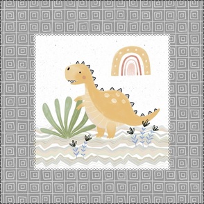 18” Dinosaur Pillow Front with dotted cutting lines, Nursery Bedding // Painted Dinosaurs collection (pillow B w/ Coordinate Pattern 12 greystone border)