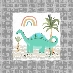 18” Dinosaur Pillow Front with dotted cutting lines, Nursery Bedding // Painted Dinosaurs collection (pillow D w/ Coordinate Pattern 12 greystone border)