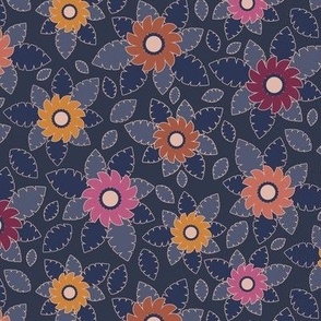 Navy blue and maroon floral - medium scale for women apparel, bed linen, soft furnishings and home decor