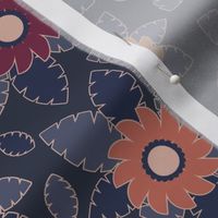 367 - Navy blue and maroon floral - large scale for women apparel, bed linen, soft furnishings and home decor