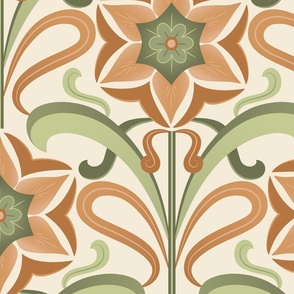 Art Nouveau Stylized Flowers in Peach and Light Green LARGE Scale