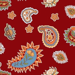 Floral Paisley on Red with Orange and Sky Blue