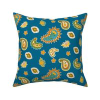 Floral Paisley on Blue with Yellow Burnt Orange and Turquoise
