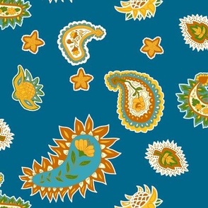 Floral Paisley on Blue with Yellow Burnt Orange and Turquoise