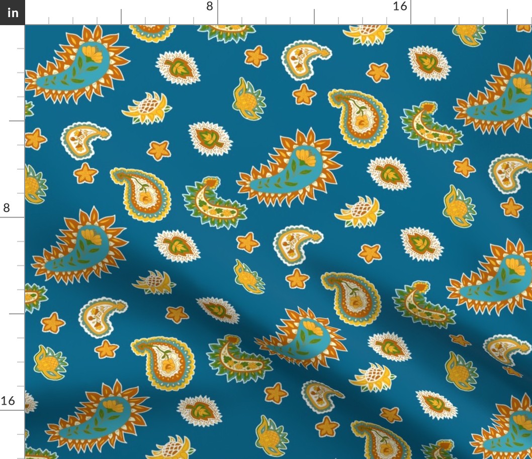 Floral Paisley on Blue with Yellow Burnt Orange and Turquoise