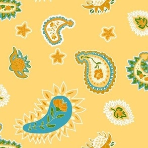 Floral Paisley on Yellow with Burnt Orange and Turquoise