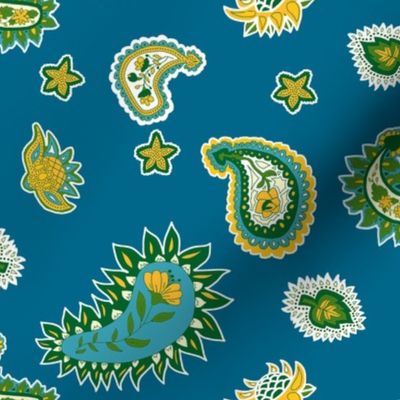 Floral Paisley on Blue with Yellow and Green