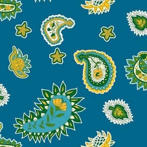 Floral Paisley on Blue with Yellow and Green