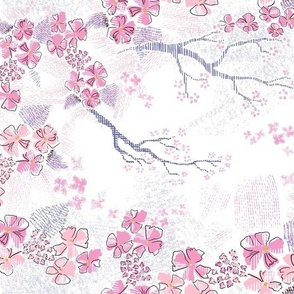 large modern sakura in blush pink, pink and periwinkle on white- large scale