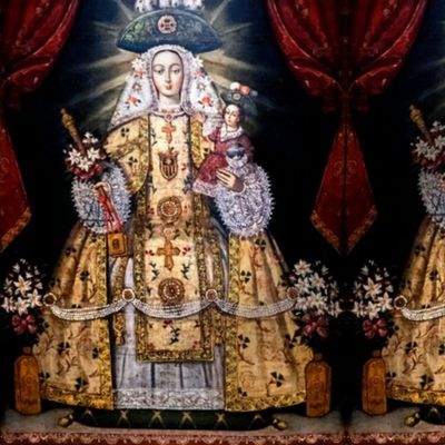 27 Jesus Christ Virgin Mary Christianity Catholic religious mother Madonna child baby floral flowers gown dress pale yellow veil scepter crucifix  crosses flowers lace motherhood embroidery pearls swag bows beautiful lady woman Victorian crescent moon 17t