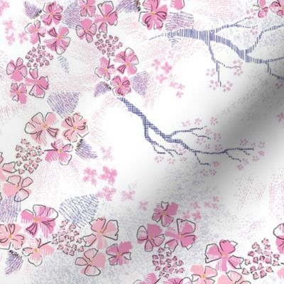 medium modern sakura in blush pink,  pink and periwinkle on white - medium scale