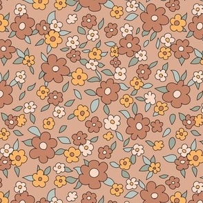 Boho Cute Retro Floral for Apparel 60s 70s vintage in neutral brown