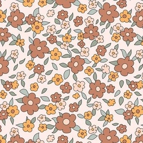 Boho Cute Retro Floral for Apparel 60s 70s vintage in muted brown yellow sage green