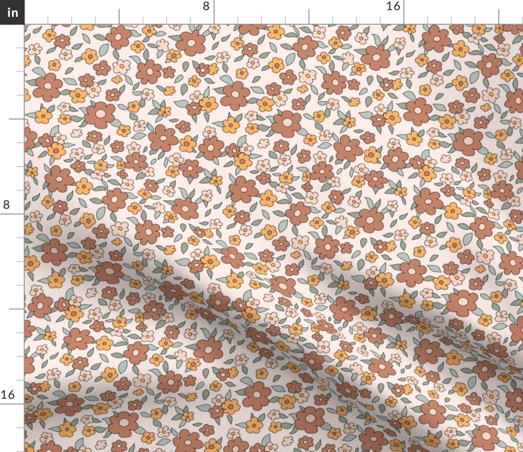 Boho Cute Retro Floral for Apparel 60s 70s vintage in muted brown yellow sage green