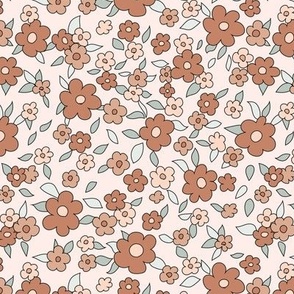 Boho Cute Retro Floral for Apparel 60s 70s vintage in neutral muted brown sage beige