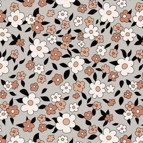 Boho Cute Retro Floral for Apparel 60s 70s vintage in neutral gray black tan brown