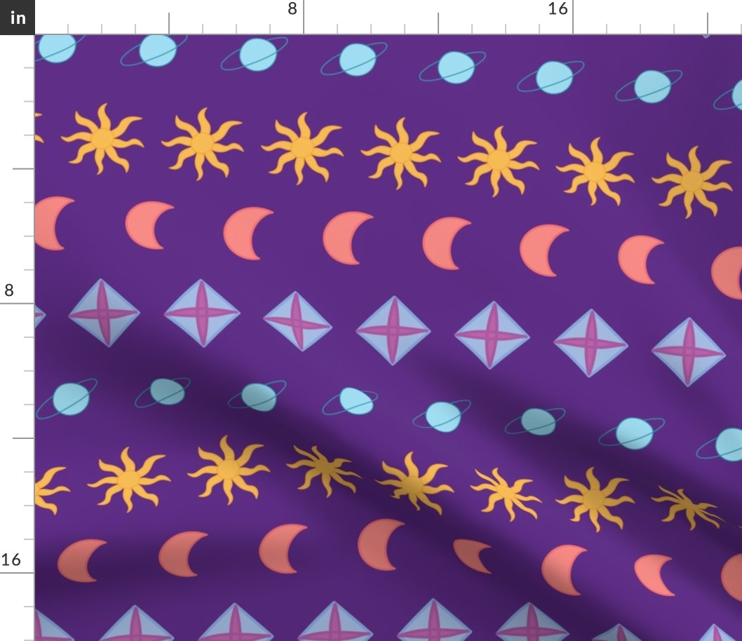 Celestial bodies striped seamless pattern.