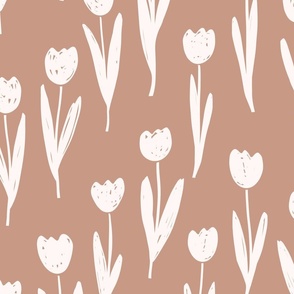 Tulip Field / big scale / brown beige romantic and playful floral pattern design for tulip lovers