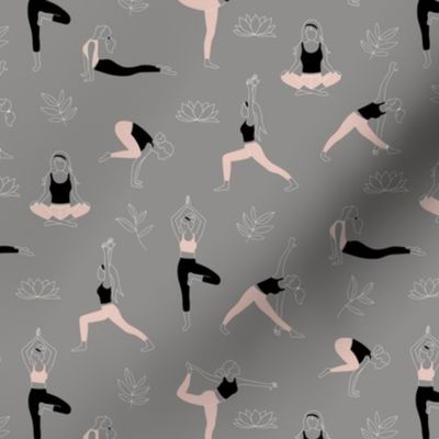 Yoga teacher girls and pilates poses healthy life theme with lotus flowers and leaves blush white on gray   