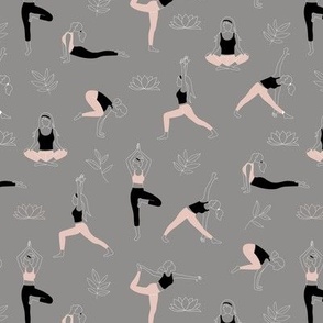 Yoga teacher girls and pilates poses healthy life theme with lotus flowers and leaves blush white on gray   