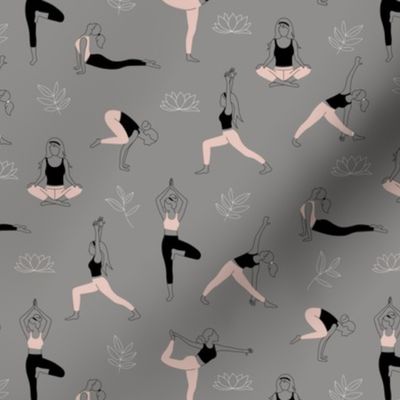 Yoga girls and pilates poses healthy life theme with lotus flowers and leaves blush white on gray  