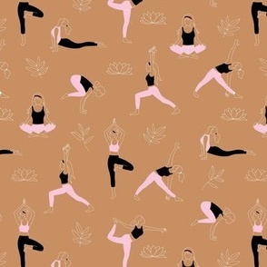 Yoga girls and pilates poses healthy life theme with lotus flowers and leaves  outline white black pink on burnt orange sienna  