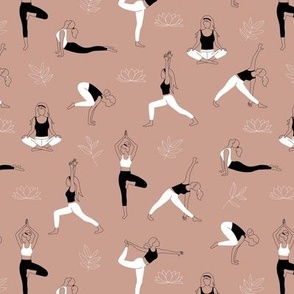 Yoga girls and pilates poses healthy life theme with lotus flowers and leaves  outline black and white on moody rose 