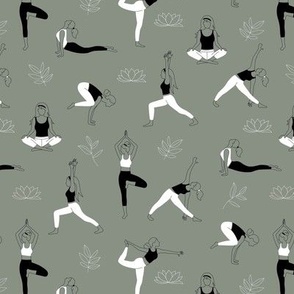 Yoga girls and pilates poses healthy life theme with lotus flowers and leaves  outline black and white on cool camo green 
