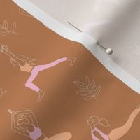 Yoga girls and pilates poses healthy life theme with lotus flowers and leaves  white pink orange on rust burnt orange 