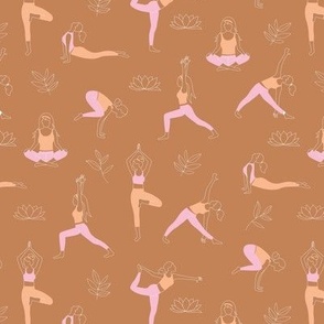 Yoga girls and pilates poses healthy life theme with lotus flowers and leaves  white pink orange on rust burnt orange 