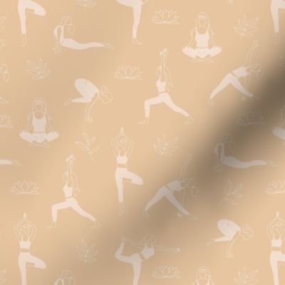 Yoga girls and pilates poses healthy life theme with lotus flowers and leaves  white on soft beige sand caramel  