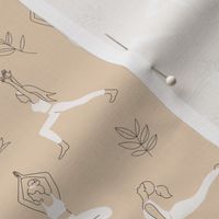 Yoga teacher girls and pilates poses healthy life theme with lotus flowers and leaves black and white on soft beige sand caramel 