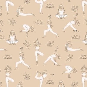 Yoga teacher girls and pilates poses healthy life theme with lotus flowers and leaves black and white on soft beige sand caramel 