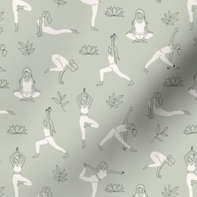 Yoga teacher girls and pilates poses healthy life theme with lotus flowers and leaves black and white on sage green 
