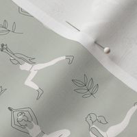 Yoga teacher girls and pilates poses healthy life theme with lotus flowers and leaves black and white on sage green 