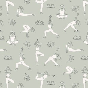 Yoga teacher girls and pilates poses healthy life theme with lotus flowers and leaves black and white on sage green 