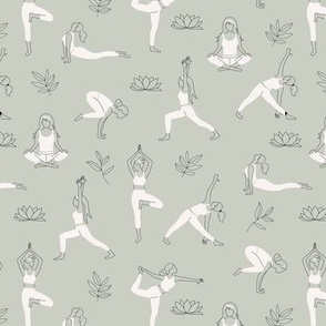 Yoga girls and pilates poses healthy life theme with lotus flowers and leaves black and white on sage green 