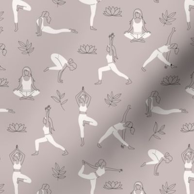 Yoga teacher girls and pilates poses healthy life theme with lotus flowers and leaves black and white on moody gray 