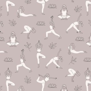 Yoga girls and pilates poses healthy life theme with lotus flowers and leaves black and white on moody gray 