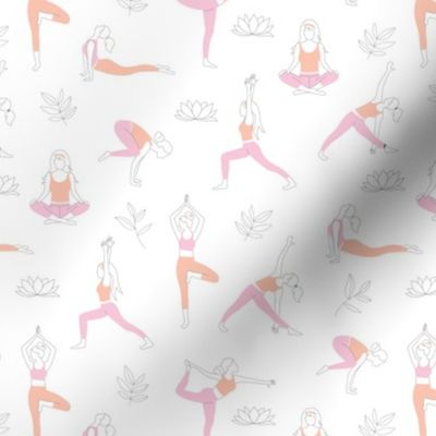 Yoga teacher girls and pilates poses healthy life theme with lotus flowers and leaves pink peach blush on white  