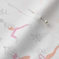 Yoga teacher girls and pilates poses healthy life theme with lotus flowers and leaves pink peach blush on white  